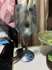 Image of Lolita "Pretty as a Peacock" hand-painted artisan wine glass.