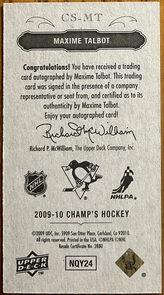 2009-10 Upper Deck Champ’s Signatures MINI Maxime Talbot #CS-MT - Image 2 of 2
