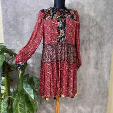 Zara Boho Floral Pom Pom Peasant Patchwork Long sleeve, tiered Dress Size S