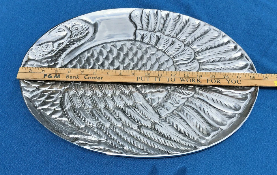 HUGE PEWTER THANKSGIVING TURKEY PLATTER TRAY SERVER HANDMADE, 14 X 18" LEAD FREE - Image 4 of 4
