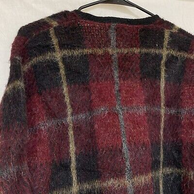 Revere Shag-Rac Mohair Blend Red Black Plaid Sweater V-neck Revere Shag-Rac Mohair Blend Red Black Plaid Sweater V-neck