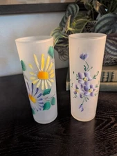 Hansetta Artware Co NY Tall Tom Collins Hand Painted Flowers Frosted Glasses USA