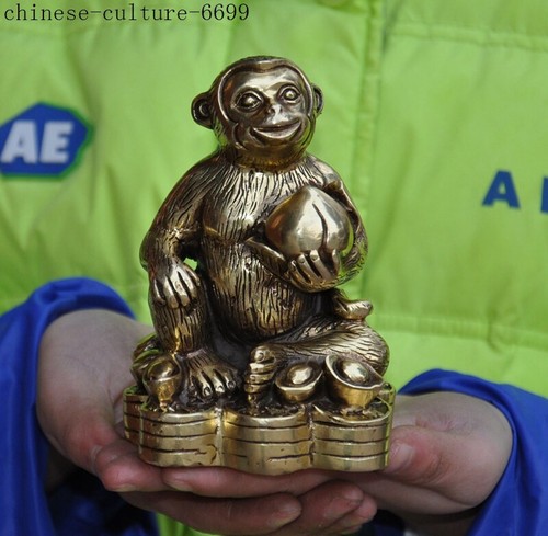 4'' China brass Chinese Zodiac animal peach monkey wealth coin Feng Shui statue - Picture 4 of 7