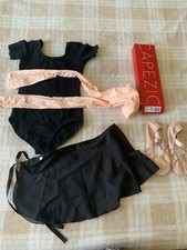 Dance Black Leotard Wrap Skirt, pink Tights, Capezio Shoes for 5 6 year old Girl