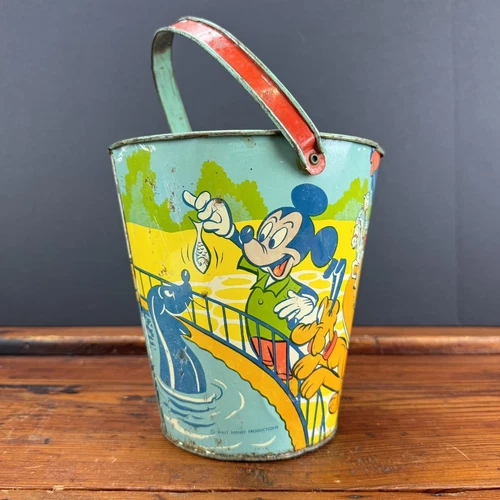 VINTAGE J. Chein WALT DISNEY Mickey Donald Pluto Goofy 7.5” Sand Pail Bucket