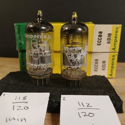 Pair NOS 1940's Amperex Bugle Boy 6DJ8 Tubes - Tested 118/120 and 112/120 min 55