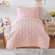 4 Piece Toddler Bedding Set for Girls Pink Geometric Stitched Soft Microfiber...