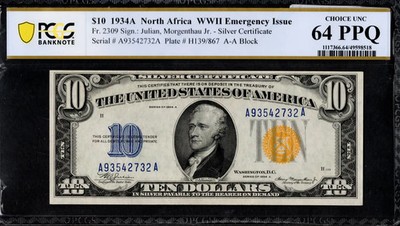 $10 1934-A NORTH AFRICA Fr. 2309 WWII EMERGENCY Yellow Seal PCGS
