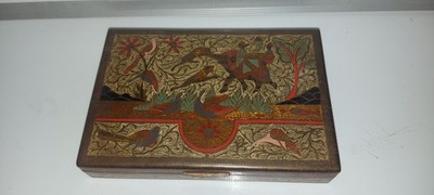 Vintage Deko Holzkiste handbemalt Deckel Vögel & Pferdeszene