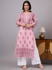 Women's Ethnic Cotton Chikankari Kurti with inner Mauve, Hand Embroidered