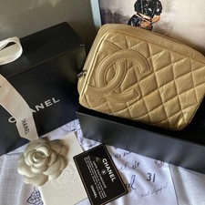 CHANEL Cambon Line Quilted Pouch Cosmetic Pouch Leather Gold USED Auth #S3058