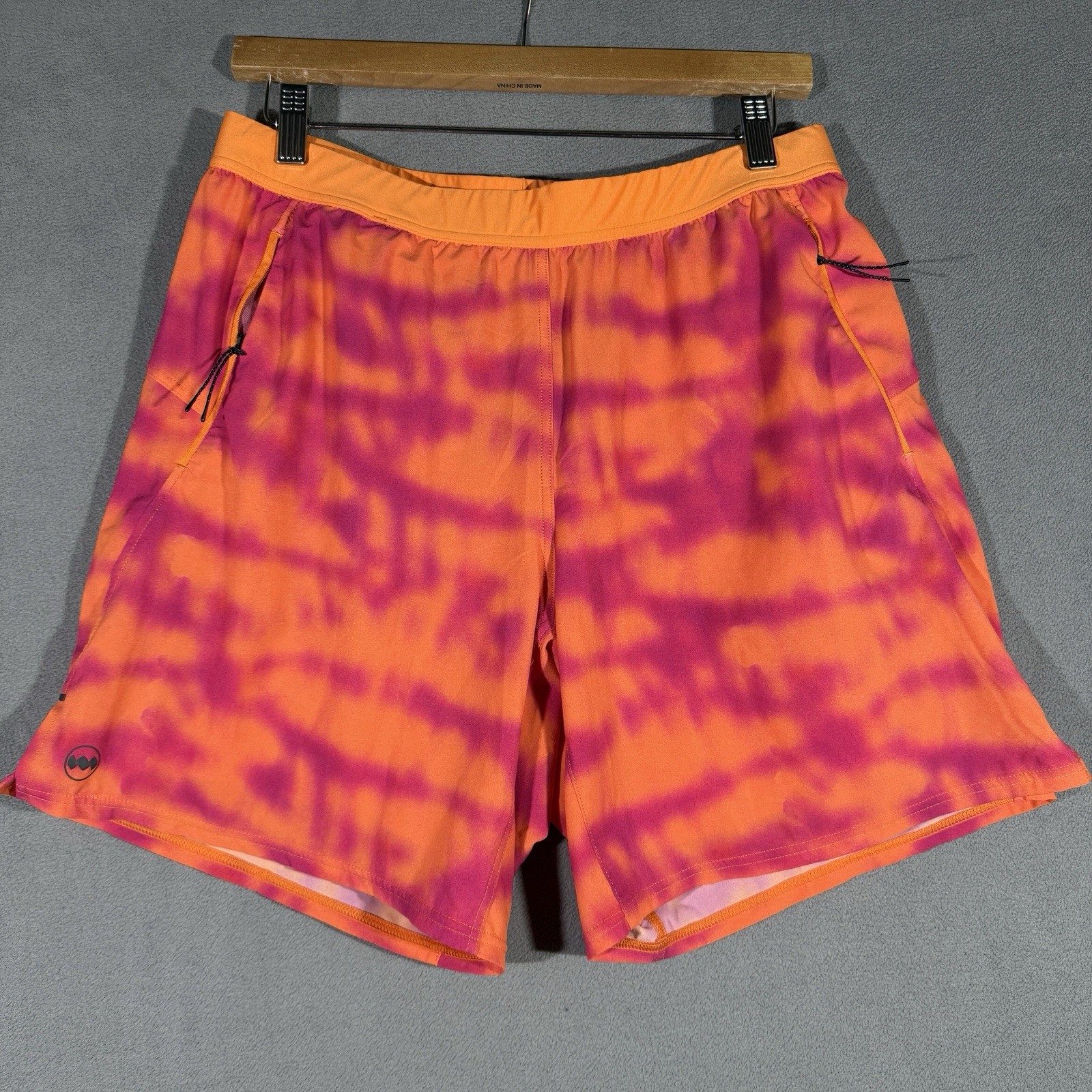 Janji Tie Dye Running Shorts Mens M 7.5in Inseam Orange Pink Neon Athletic Gym