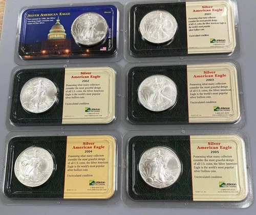 6 US 1ozt .999 Silver Eagle $1 BU w/toning Littleton packaging 2000-2005 L23902