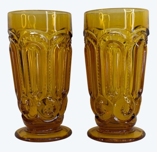 2 Smith Glass Amber Moon and Star Large Iced Tea Tumblers Glasses 6 3/8"