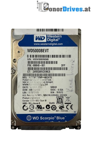 Western Digital WD5000BEVT-60ZAT0 - 500 GB - SATA - PCB 2060-701572-002 Rev. A*