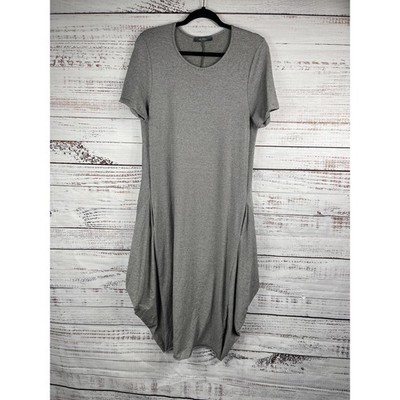 Neirami Dress Women's Small Gray Stripe Short Sleeve Asymmetrical Pockets Casual