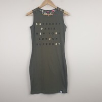 Superdry Dress Womens Small Khaki Green Sleeveless Logo Spellout Lace Summer