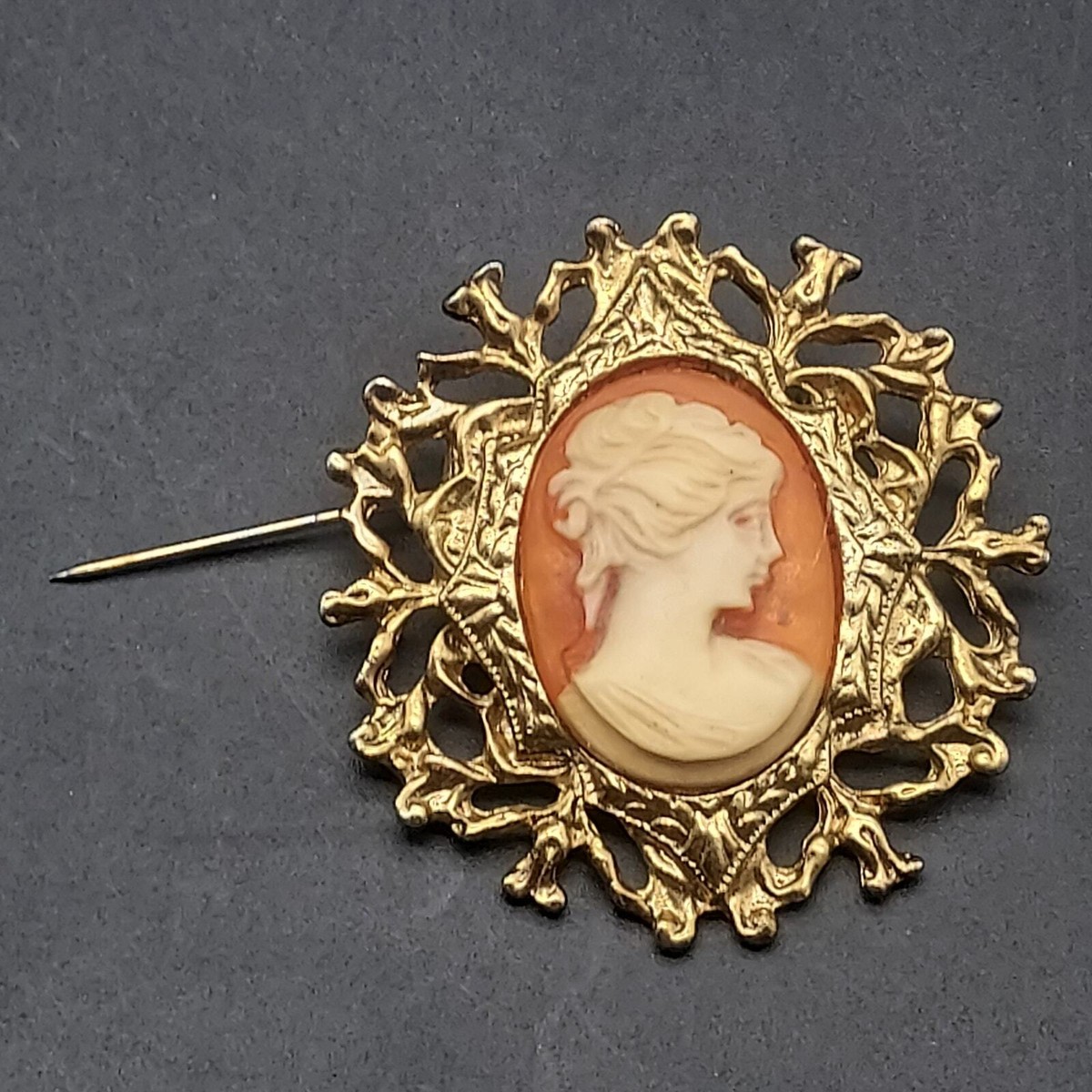 Broche Camée Résine Et Laiton – Portrait Bicolore – Vintage Sans Marque