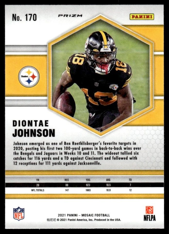 2021 Panini Mosaic HOLO Diontae Johnson Pittsburgh Steelers #170 - Image 2 of 2