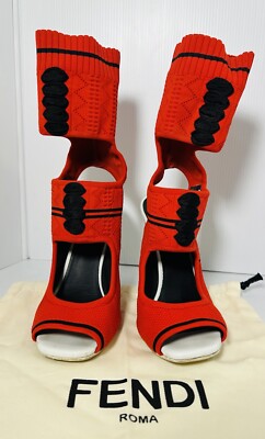 Fendi Womens Shoes Heels Socks Red Knit Sandal Peep Toe Made In Italy