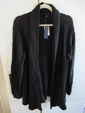Adrienne Vittadini Cardigan Sweater Womens L black Cable Knit Cotton Blend