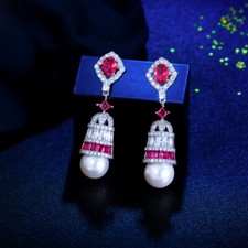 Women Silver Plated Long Dangle Drop Rose Red Cubic Zirconia Pearl Earrings Gift