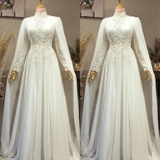 Muslim Long Sleeves Wedding Dresses Lace Applique Chiffon Bridal Gown CustomSize
