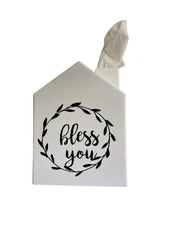 "Bless You" Casa Tissue Box Cover House  Square Tissue Box Holder White Plastic