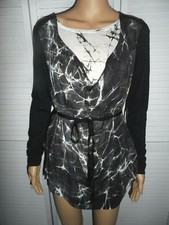 Pretty Simply Vera size XS black print drape neck belted long sleeve tunic shirt