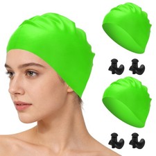 Silicone Swim Cap Set with Earplugs, 9.1 x 7.9"  2 Set  Fluorescent Green