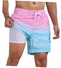 Mens Swim Trunks 2 in 1 Quick Dry Bathing Suit with Medium Pink Blue