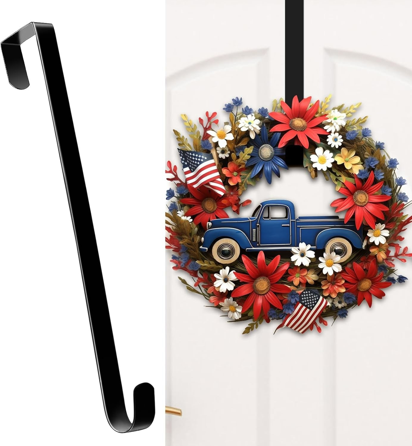 4th of July Wreath Hanger for Front Door - 12 Inch Patriotic Hook Holder