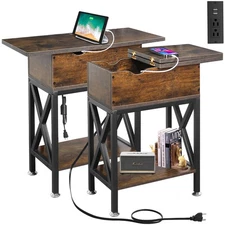 End Tables Living Room Set of 2, Side Table with Charging Station Flip Top, 1...