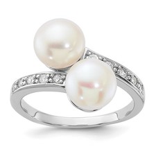Sterling Silver Rhodium 8mm Freshwater Cultured Pearl and CZ Bypass Ring Sz 8