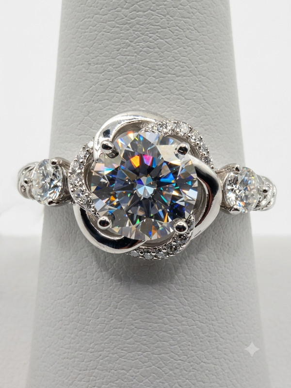 925 Sterling Silver Moissanite 4.5 CTW Floral Rose Swirl Ring Twisted Band