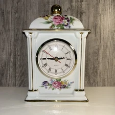 Botanical Chintz Porcelain Mantel Clock Tested Working 8” X 5 1/4”