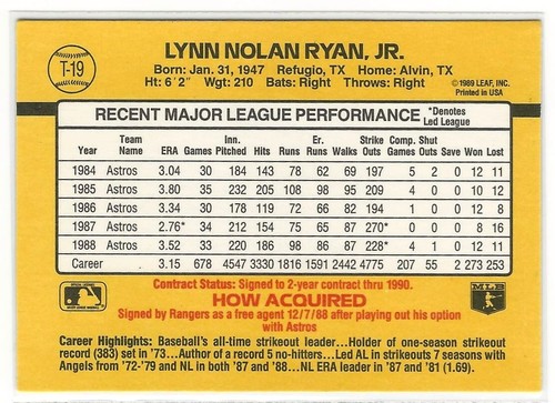 1989 Donruss Nolan Ryan #T-19 Texas Rangers EX-NM - Picture 2 of 2