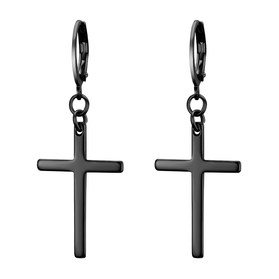 Stainless Steel Cross Dangle Huggie Hoop Earrings - Black main image 1
