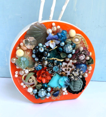 Vintage Jewelry Home Decor with Ceramic Orange Vase