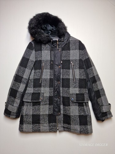 APT.9 Jacke Damen groß schwarz grau kariert Kunstfell Kapuze Taschen durchgehender Reißverschluss
