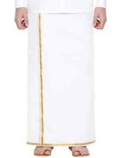 Men's Cotton Double Layer White Casual Style Dhoti With Gold Jari Border.