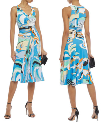 EMILIO PUCCI La Villa Print Gathered Pleated Midi Dress Blue US XS / IT 42 $2035