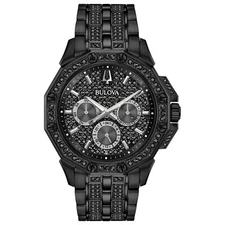 Bulova Men's Crystal Day / Date Quartz Black Stainless Steel Watch 42 MM 98C134