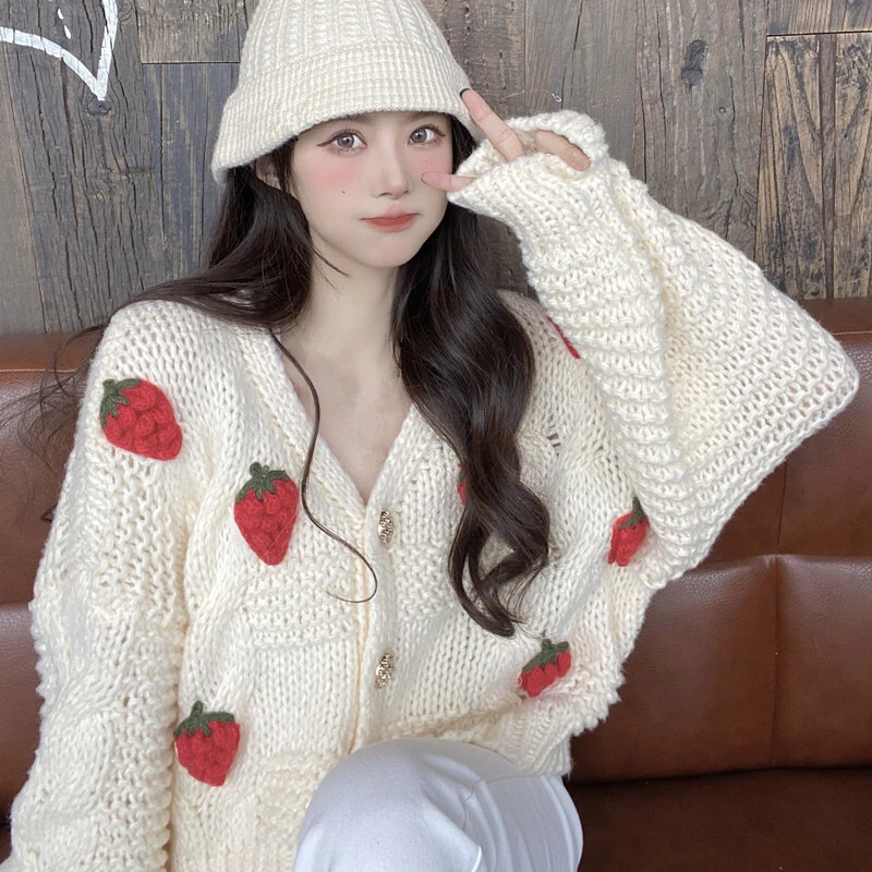 Lady Strawberry Loose Cute Button Casual Knitting Cardigan Sweater Coat Top