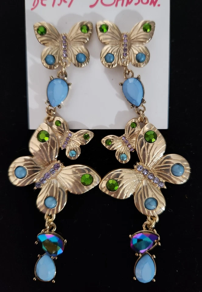 Betsey Johnson Gold Tone Green Purple Blue Butterfly Large Drop Earrings NWT - Image 3 of 4