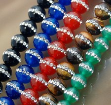 6mm 8mm 10mm Tiger,Agate Stone Inlaid With Rhinestone Round Gemstone Beads