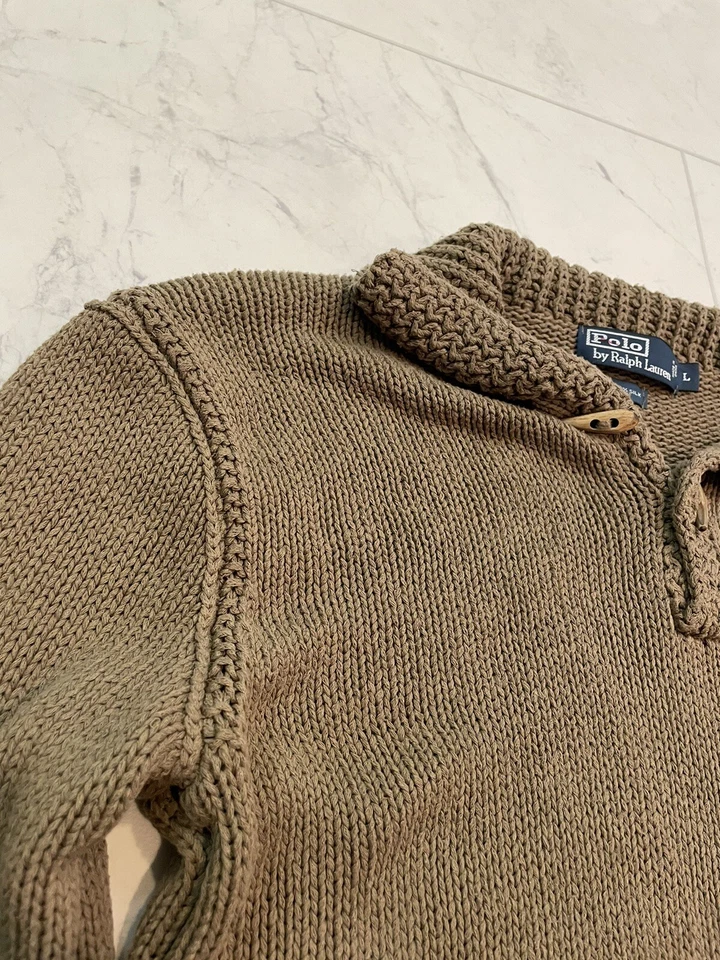 Vintage Polo Ralph Lauren 100 Silk Cable Knit Toggle Sweater L Brown Ope G2U - Image 4 of 4