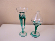  JOZEFINA KROSNO 2PC HANDBLOWN ART GLASS GREEN JELLYFISH OIL LAMP CANDLE HOLDER 