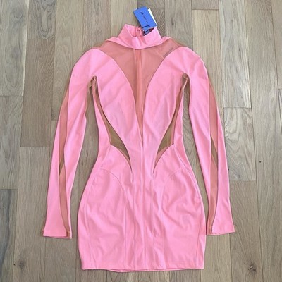 Mugler x H&M Mesh Paneled Mini Dress Size 38 or US Small Pink Long Sleeve New