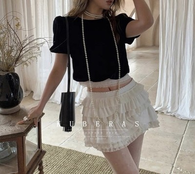 KUBERAS Black Velvet Puff Sleeve Cropped Blouse White Ruffle Skirt Set Vintage